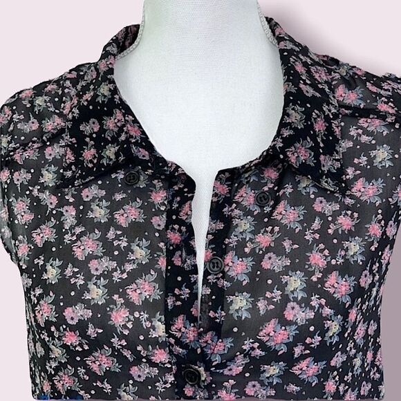 Zenobia Black Floral Sleeveless Button Down Top Sz L - Picture 3 of 7